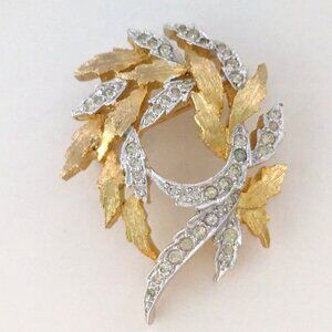 Vintage POLCINI Gold Silver Tone Clear Rhinestone Leaf Swirl Brooch Pin